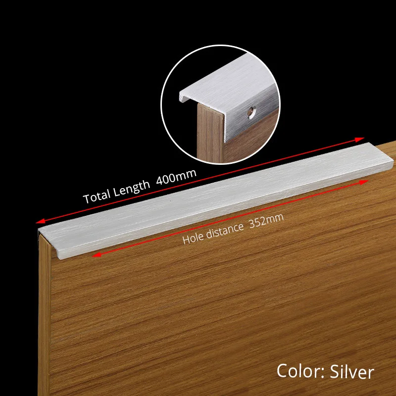 Silver Length 400mm KAK, золотые, серебристые, черные скрытые ручки для шкафа, цинковый сплав, кухонный шкаф, ручки для выдвижных ящиков, мебельная дверная ручка, фурнитура - Цвет: Silver Length 400mm