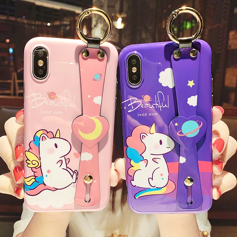 

Cartoon Cute Unicorn Wrist Strap Hand Band Case For iPhone X XR XS Max Silicone Cover Soft IMD Glossy Phone Holder Stand Cases