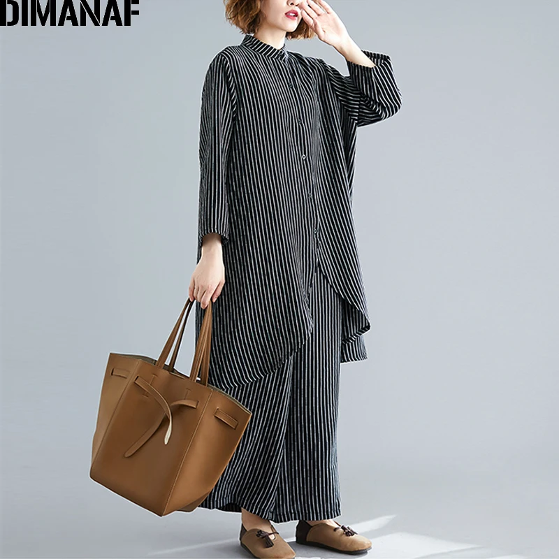 DIMANAF плюс размер женские наборы хлопковый костюм осенние женские Топы Рубашки на пуговицах Свободные Длинные брюки с принтом в полоску Большие размеры женская одежда - Цвет: YuYu91183CN-hei