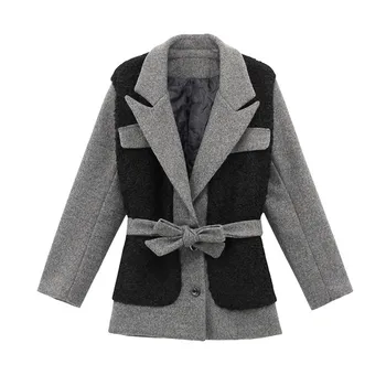 

2019 winter new warm lamb wool stitching woolen blazer fake two pcs coats wool blazers women's clothing blezer feminina