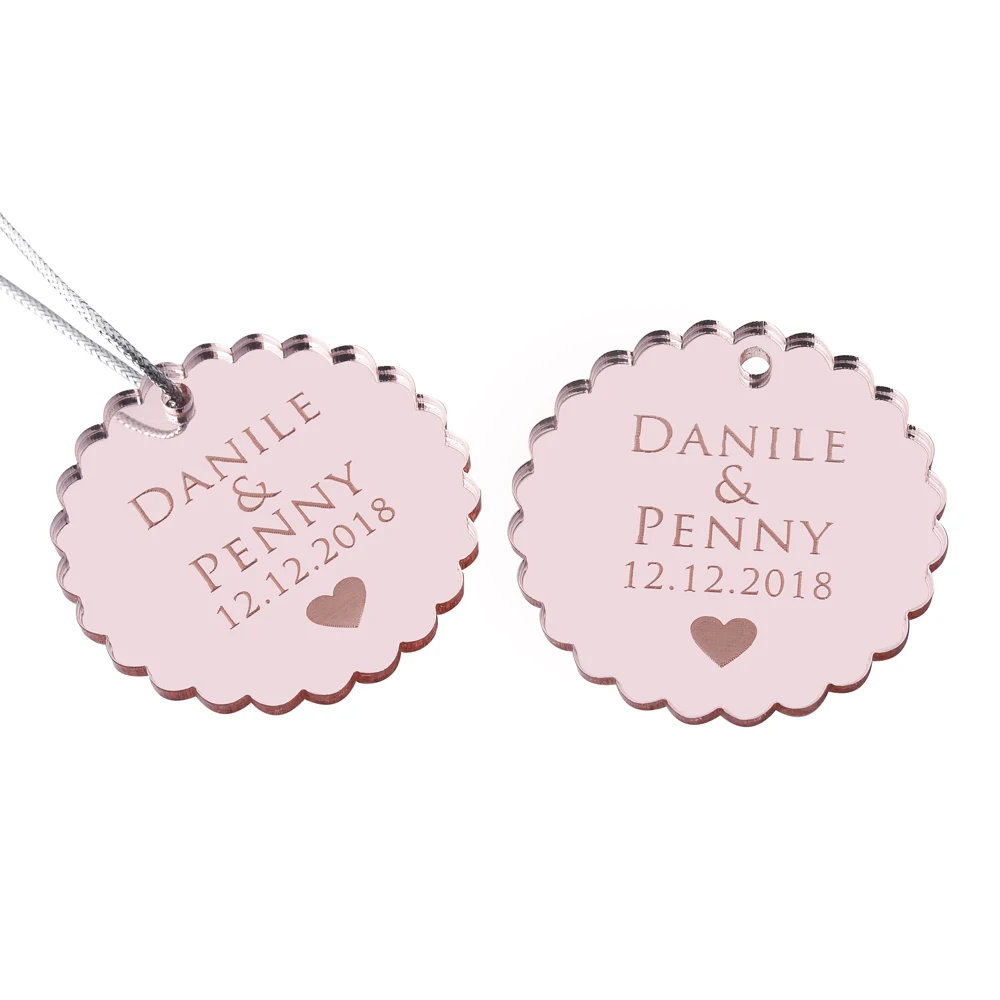 50Pcs Personalized Engraved Round Mirror Tags Wedding Rose Gold Baptism Tag Baby Shower Gift Favor Sculpture Party Gifts Decor