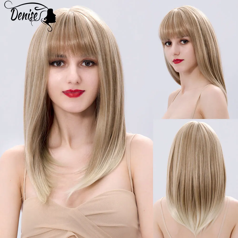 

Blonde Medium Straight Daily Natural Synthetic Wigs For White Women With Bangs Hair Heat Resistant Female Fiber Wig