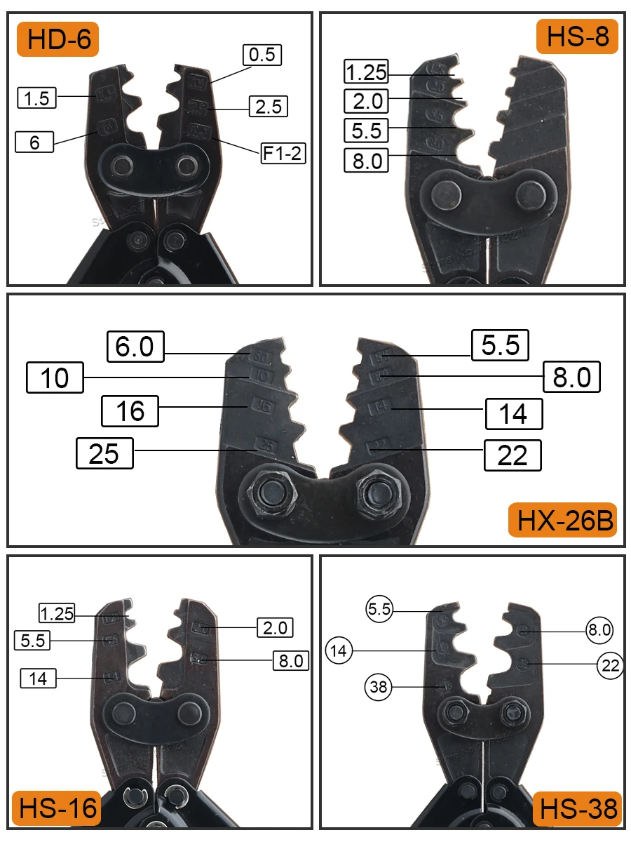 Non-insulated Terminals Crimping Pliers 0.5-38mm2 22-2AWG Bare Naked Connectors Cable Lugs Crimper Electric Crimping Hand Tools 2