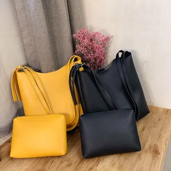 

Solid Color Composite Bag Women Leather Handbags Bucket Shoulder Bags Ladies Large Capacity Ladies Shopping Bag Bolsa Black