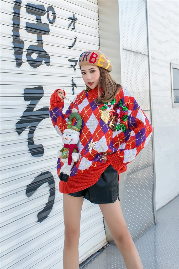 Vefadisa Sequins Christmas Sweater Woman Red Winter Thick Sweater O-Neck Pullover Knitting Sweater Loose QYF1327