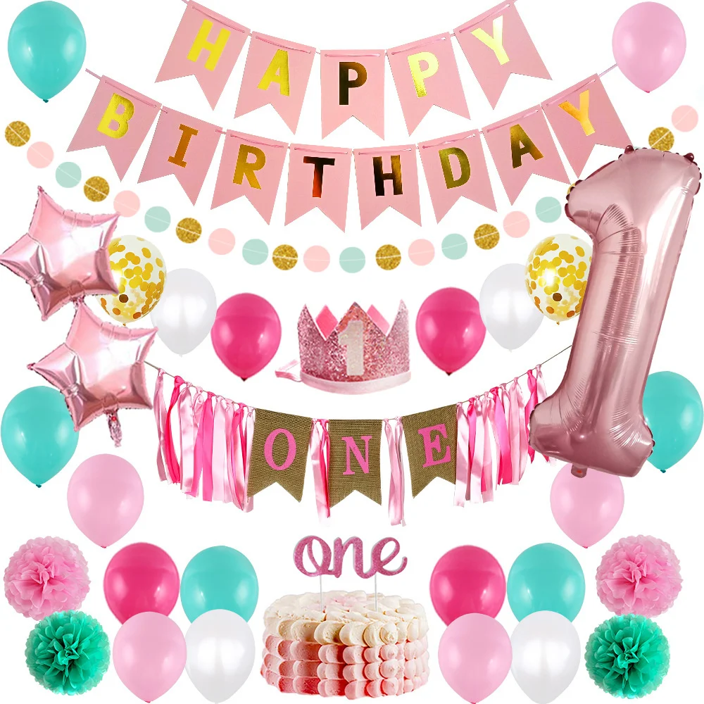 

1 year old birthday balloon set baby baptism arrangement 40 inch number happy birthday pull flag birthday hat party balloon