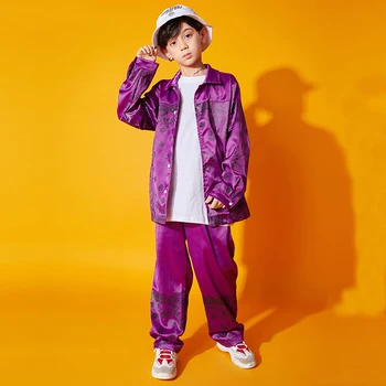 

Boys Hip Hop Dance Costumes Purple Jazz Performance Clothing Kids Street Dance Practice Wear Loose Stage Rave Outfit DC3820