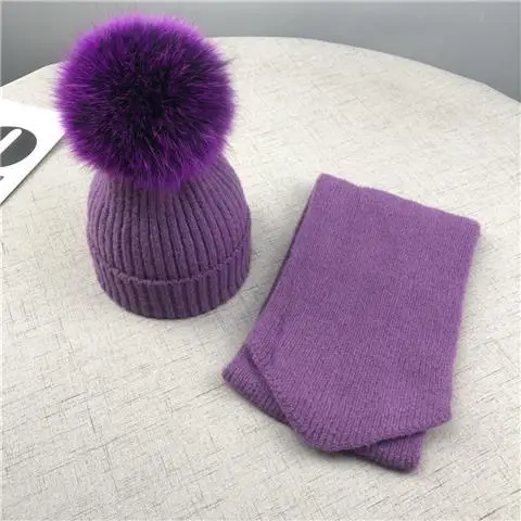 PURPLE Set Fox Ball Милые Детские Девочки помпон зимние наборы шарф шапка натуральный шарик из меха лисы мать дети теплые вязаные шапки бини родитель-Детские шапочки - Цвет: PURPLE Set Fox Ball