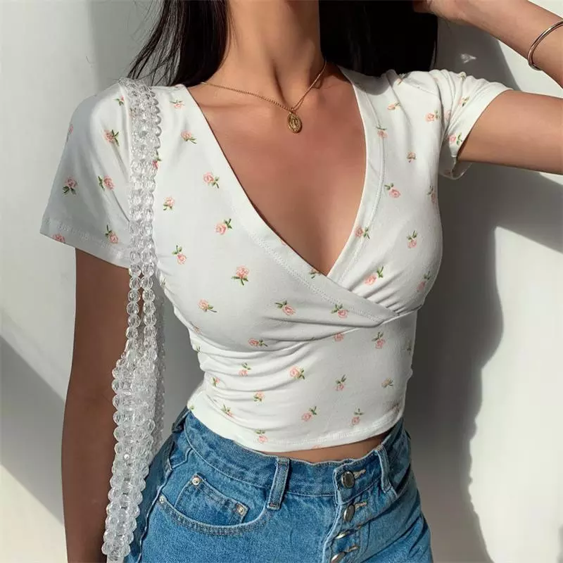 Y2K Vintage Floral Cross Crop Top T-shirt Women Cropped Slim Short Sleeve V-neck Sexy Summer Clothes Tee Shirt Femme Woman Tops 1
