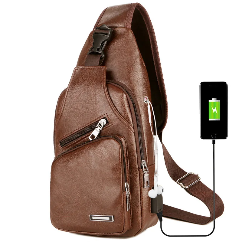 Мужские сумки через плечо, мужская сумка на груди с USB, дизайнерская сумка через плечо, кожаные сумки на плечо, диагональная упаковка, рюкзак для путешествий - Цвет: Light Brown
