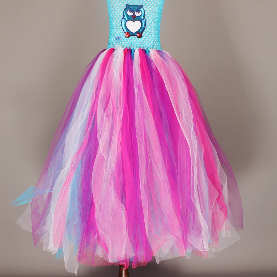 Fluffy Girls Blue Owl Gown Tutu Dress With Feather Hair Clip Children Birthday Party Pageant Animal Costume Kids Photo Dress (7)