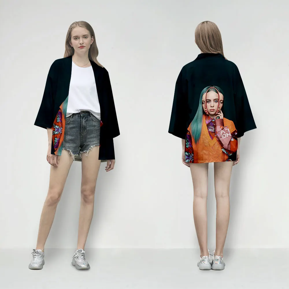 Популярное женское кимоно Billie Eilish3D, модное летнее зеленое кимоно, футболка, кардиган, повседневный топ с короткими рукавами в японском стиле