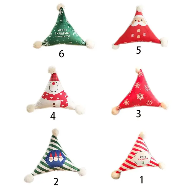 

Triangle Shaped Velvet Throw Waist Pillow Christmas Santa Claus Snowman Print Detachable Cushion with Pompom Ball Car Decor