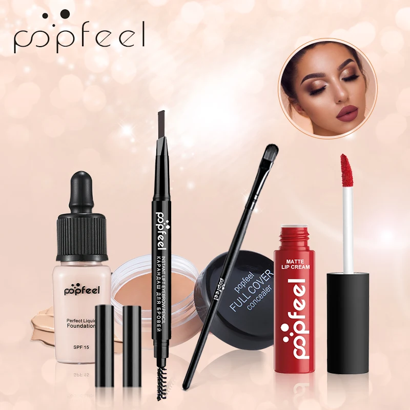 

POPFEEL 5 Pcs Face Makeup Kit Long-Lasting Foundation Base Matte Lipgloss+Concealer Hide Blemish+Eyebrow Pencil+Brush Makeup Set