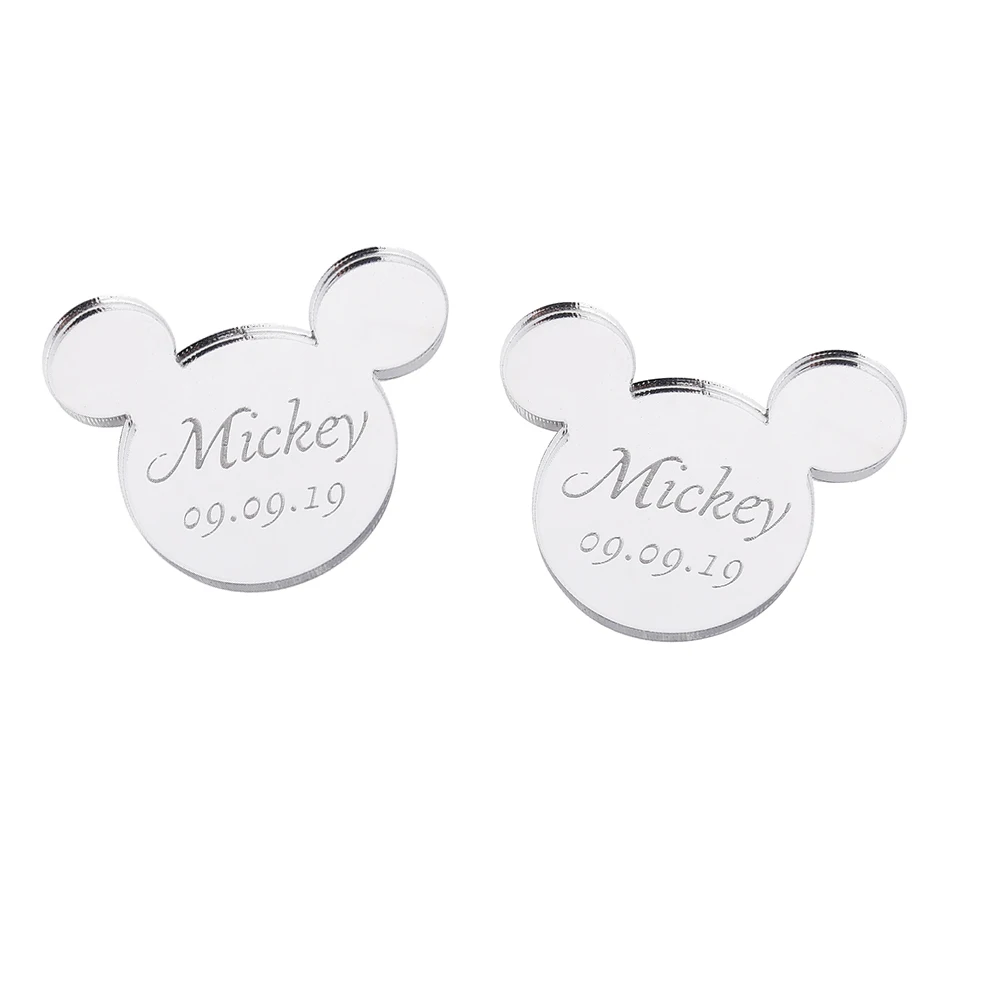 font 6 Silver 20 шт персонализированное гравированное зеркало Микки Маус Надпись Логотип, название Baby Shower бирки настольные украшения для вечеринки, дня рождения 4 см - Цвет: font 6 Silver