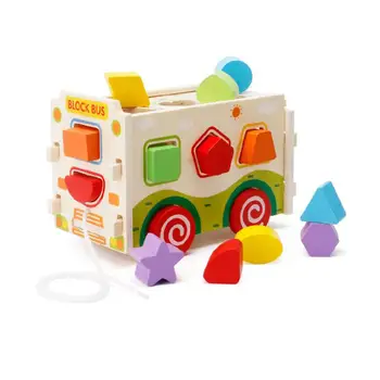 

15Pcs Geometry Kids Early Education Wooden Game Toy Pull Truck Bus Blocks Set Perfect birthday Christmas present toys