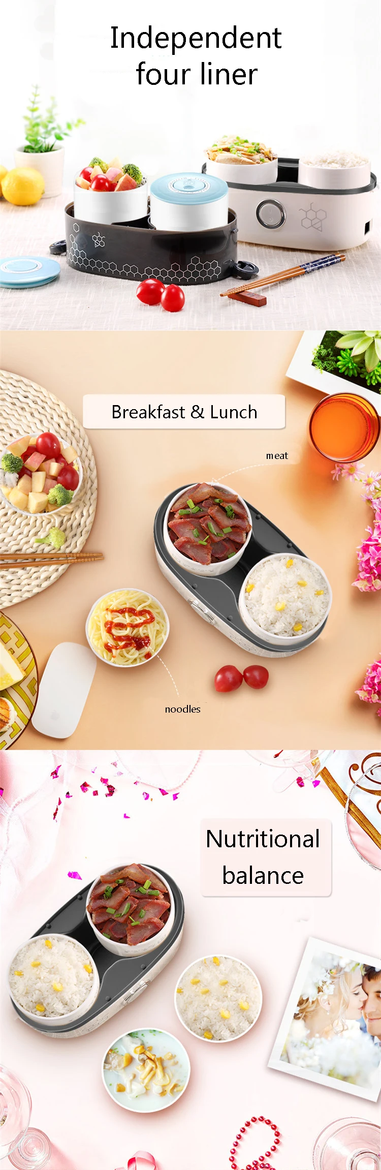 Description Picture 4 of item1.5L Rice cooker 1/2 Layer Spill-proof sealing Ceramic Liner Multifunctional Food Steamer Egg Boiler Portable Lunch Box Anti-dry