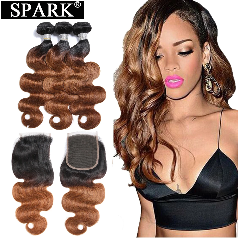 Spark Peruvian Body Wave Bundles With Closure Ombre Hair 100% Human Hair 3/4 Bundles With Closure Remy Hair Extension For Black