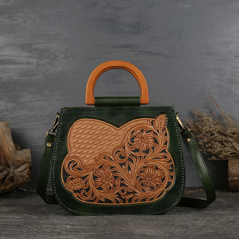 Сумки из натуральной кожи, женские сумки в виде ракушки, винтажная ручная резьба, 3D сумки, женские роскошные сумки, женские сумки, дизайнерская сумка - Цвет: Зеленый