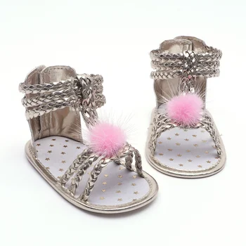 

Sandals Girls Newborn Baby Shoes Fashion Woven PU Hair Ball Baby Girl Sandals Summer Golden Beach Baby Sandals