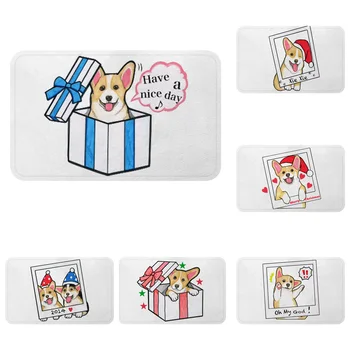 

Blue Gift Box Corgi Dog Pet Puppy Cartoon Photo Mat Bath Carpet Decorative Anti-Slip Mat Room Car Floor Bar Rug Door Home Decor