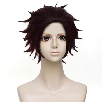 

VICWIG Black Brown Hair Tail Curly Synthetic Hair Halloween Wig Anime Cosplay Short Hair with Bangs