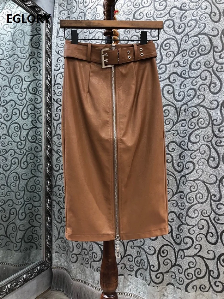 

High Quality PU Leather Skirts 2021 Early Spring Skirt Women Zipper Front Belt Patchwork Midi Pencil Skirt Female Work Skirts