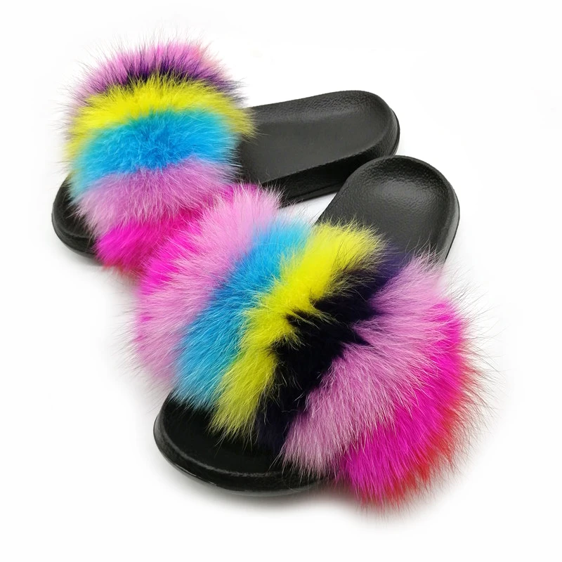 

Party Fur Slippers Women Real Fox Fur Slides Furry Flat Sandals Female Cute Fluffy Shoes Woman Home Flip Flops Luxury Women Shoe