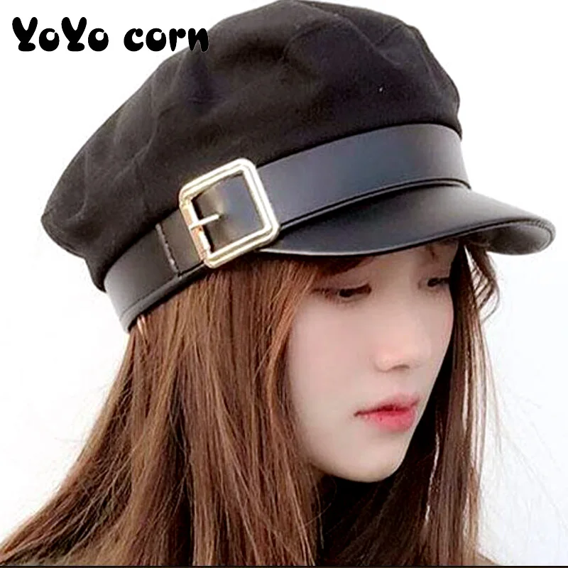 YOYOCORN Buckle Autumn Winter Fashion Wool Pu Leather Patchwork Newsboy Caps With Belt Female Gorras Women Black Military Hats