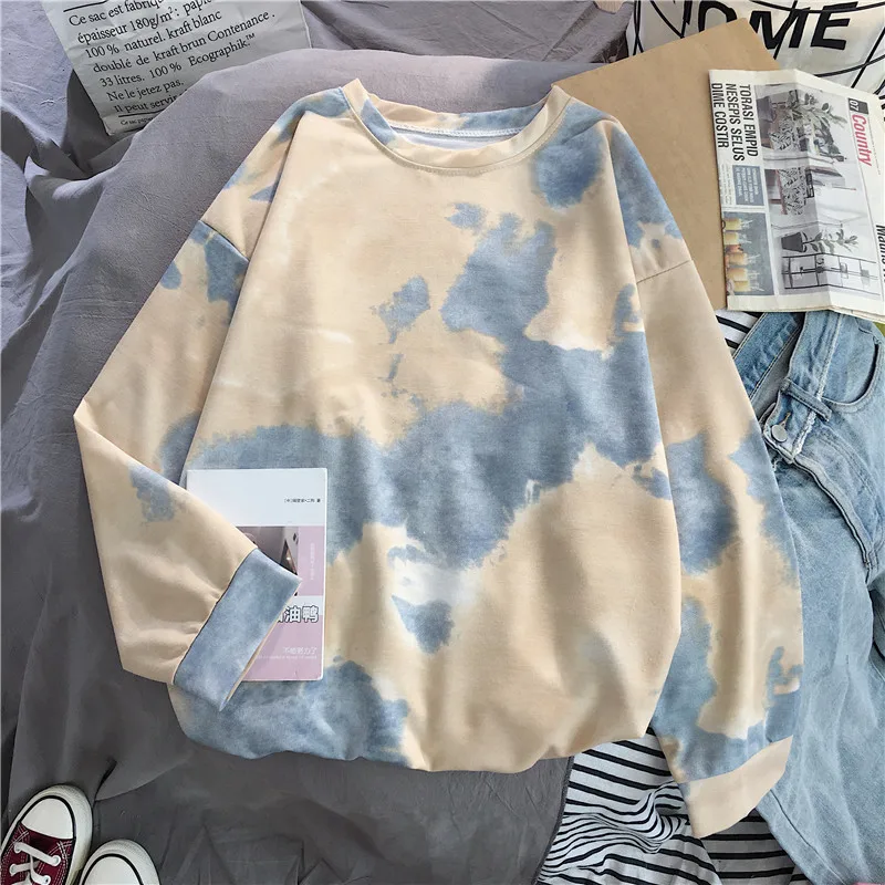 Shellsuning Tie Dye Нижняя футболка весна Harajuku уличная свободная одежда футболка с длинным рукавом Женский мягкий пуловер с круглым вырезом топы - Цвет: 1