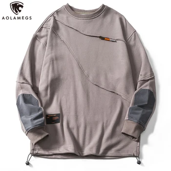 

Aolamegs Men Sweatshirt Solid Color Simple Patch Pullovers Men Casual O-Neck Loose Baggy Sweatshirts Fashion Hoodies Streetwear