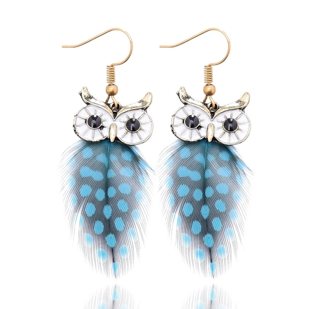 Fashion Bohemian Feather Earrings Cute Women Owl Earring Dangle Tassel Earrings 