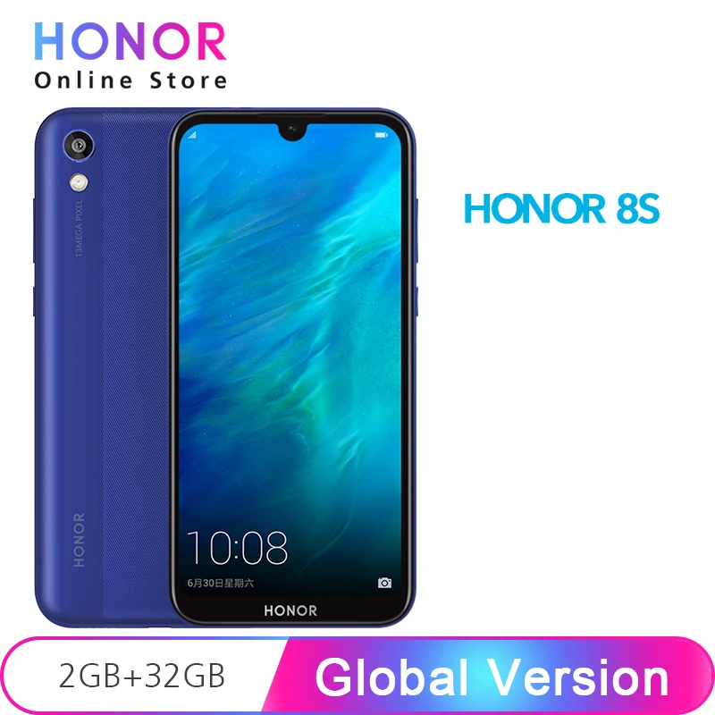 Оригинальная глобальная версия Honor 8S 32GB rom 2GB ram 5,71 ''дисплей FullView Dewdrop MT6761 четырехъядерный 13 МП камера заднего вида мобильный телефон