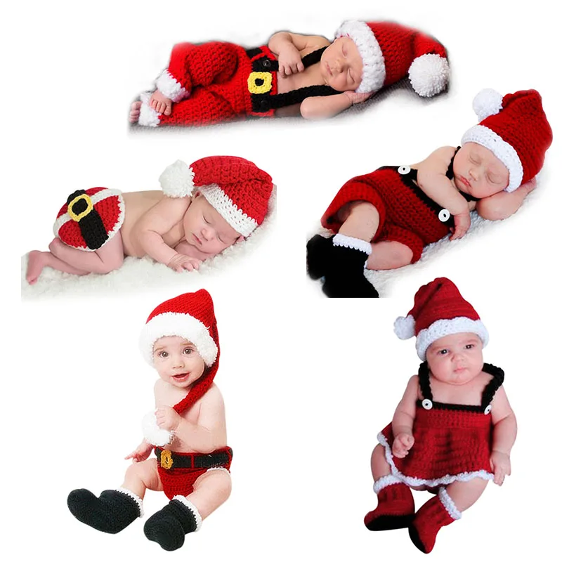 Newborn Baby Cute Crochet Knit Christmas Hat Photography Prop Santa Claus Infant Boys Girls Costume Outfits Dropshipping