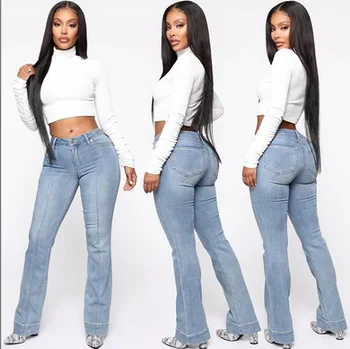 

Women Knicker Canister Elastic Force Jeans Wide Leg Trousers Lady Casual Bell-Bottoms Flare Pant Flare Denim Skinny Jeans