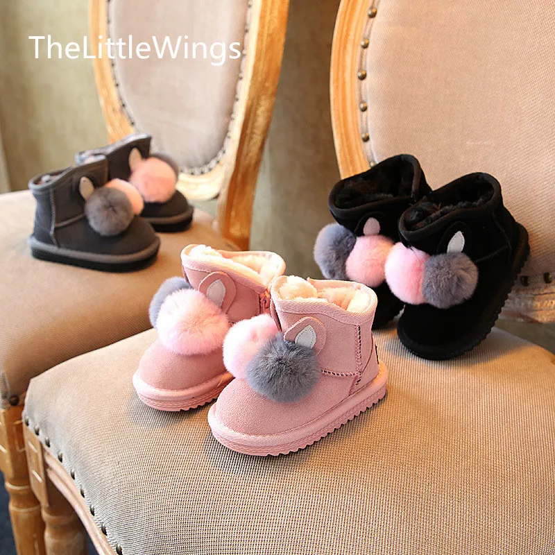 

Winter 2019 New Cowhide Girl Rabbit Fur Ball Dermis Thickening Warm Snow Boots Little Girl Antiskid Cotton Boots 1-15 Years Old