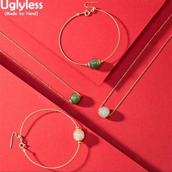 

Uglyless New Design Simple Gemstones Barrel Beads Jewelry Sets for Women Natural Jade Necklaces Ultra-thin Bracelets 925 Silver
