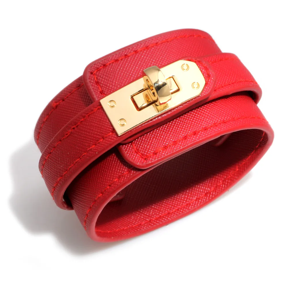 Style1 Red Простой милый красный черный синий кожаный Браслет-манжета на запястье Женский широкий кожаный браслет для женщин - Окраска металла: Style1 Red