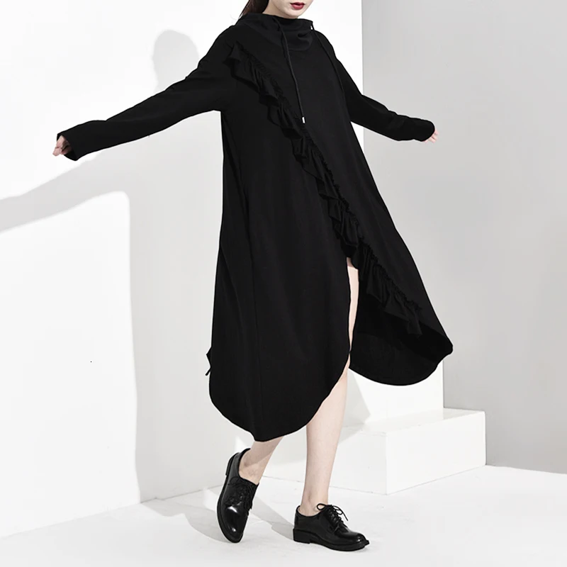 [EAM] женское черное асимметричное платье большого размера с оборками, новинка, с капюшоном, с длинным рукавом, свободный крой, модная одежда, весна-осень, JO0080