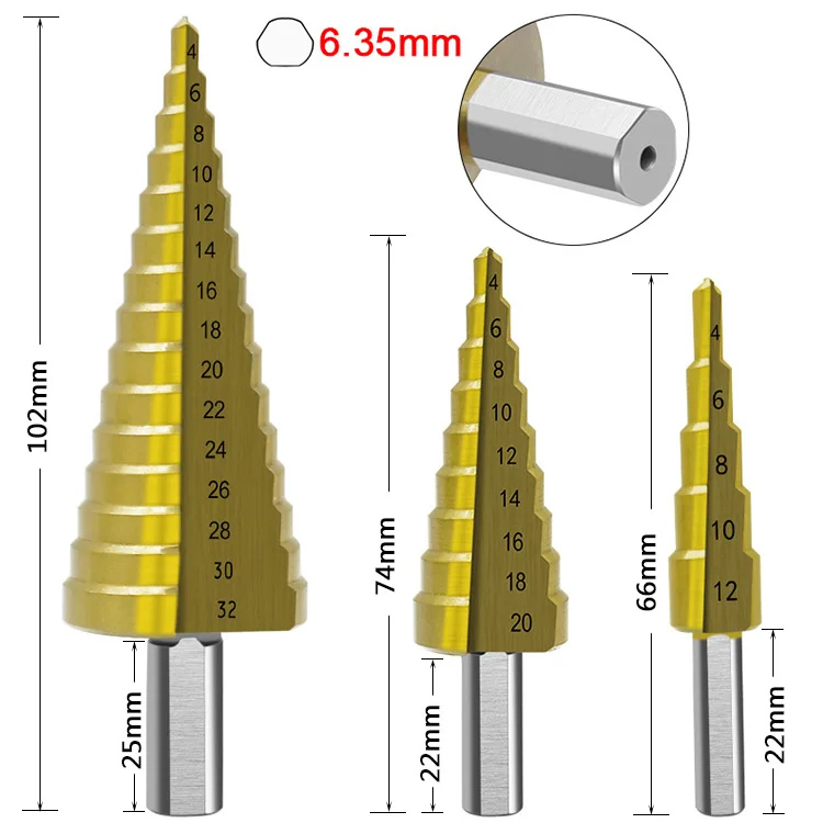 HSS шаг сверла титановое покрытие 4-12 мм 4-22 мм 4-32 мм конус отверстие резак 1/" Шестигранная ручка треугольник ручка бит для металла дерева
