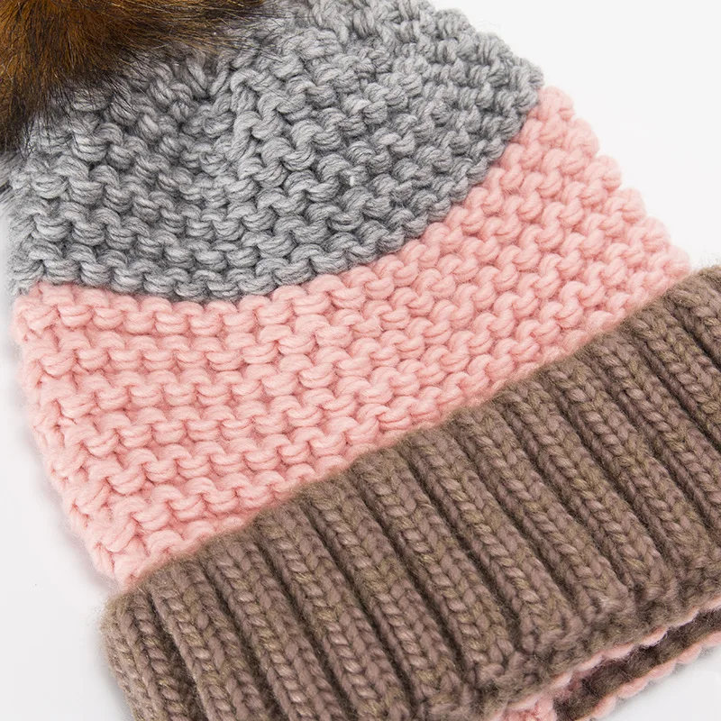 Женские вязаные шапочки Skullies, хлопковые шапки с помпоном из искусственного кроличьего меха, зимние шапки, повседневные осенние вязаные шапочки для девочек, шапка