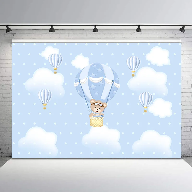 

Blue Hot Air Balloon Baby Shower Backdrop Cute Plush Bear Birthday Photo Background Blue Sky White Cloud Dessert Table Backdrops