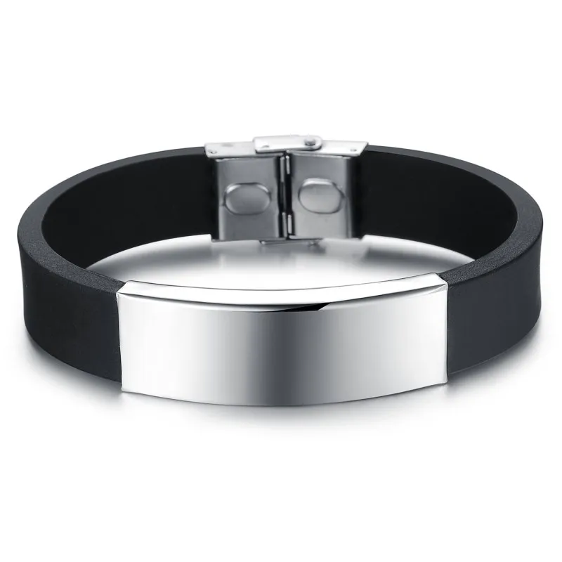 Engrave Name Gift Brand 316L Stainless Steel Jewelry Silver Color Black Silicone Charm Bangle Design Bracelet For Men Jewellery | Украшения