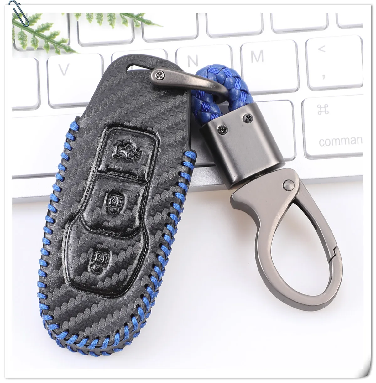 Custodia in pelle di carbonio per auto Smart Remote Key Case copertura protettiva per coperture chiave per Ford Edge Mondeo Mustang portachiavi portachiavi - H14d261a6e3404e59bec9a849c47216c5C