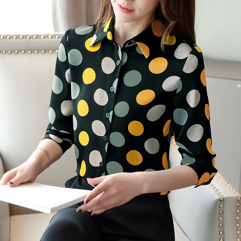  Korean Autumn Women Shirts Woman Chiffon Blouses Woman Dot Blouse Shirt Plus Size Womens Tops and B
