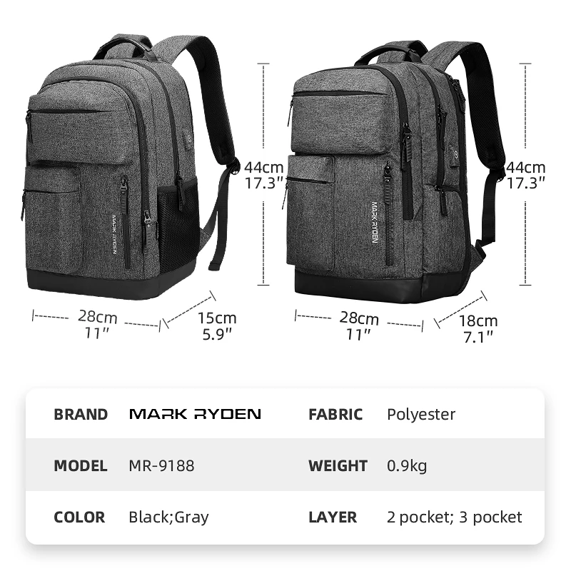 Mark Ryden Man Backpack Multi-layer Space 15.6 inch Laptop USB Recharging Travel Male Bag Anti-thief Mochila