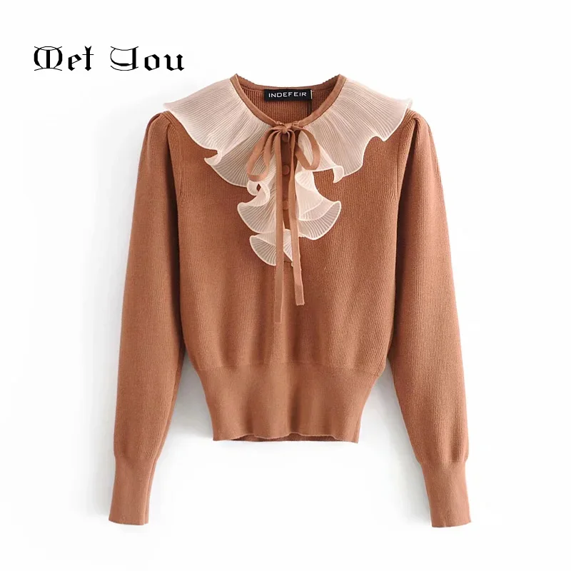 

2020 Ladies Winter Solid Color Long Sleeve Lace Buttoned Top O-neck Corrugated Lace Stitching Sweater MET010