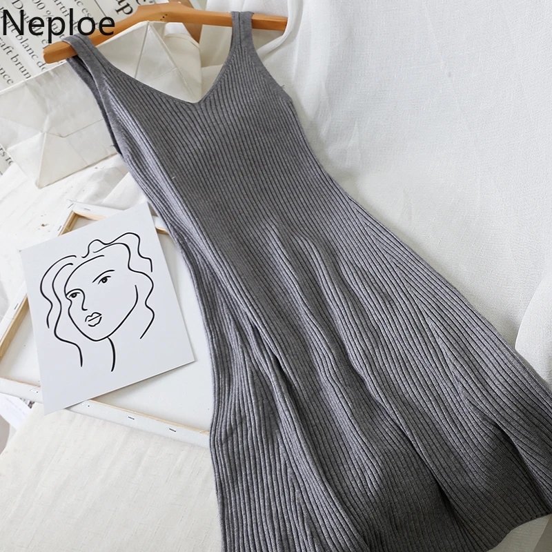 Neploe, трикотажное платье для женщин, осень, весна, темперамент, тонкий, v-образный вырез, без рукавов, платье трапециевидной формы, средней длины, Топики, осень, Ropa 47174