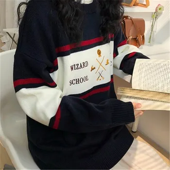 

2019 Autumn Winter Korean O Neck Loose Female Letter Striped Knitted Warm Sweaters Womens Pullovers Tops свитер женский