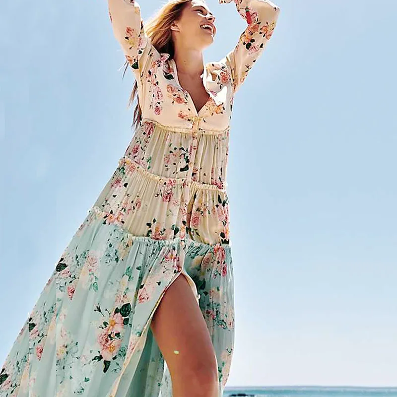 Женское платье с цветочным принтом Boho летнее Пляжное Платье макси длинным